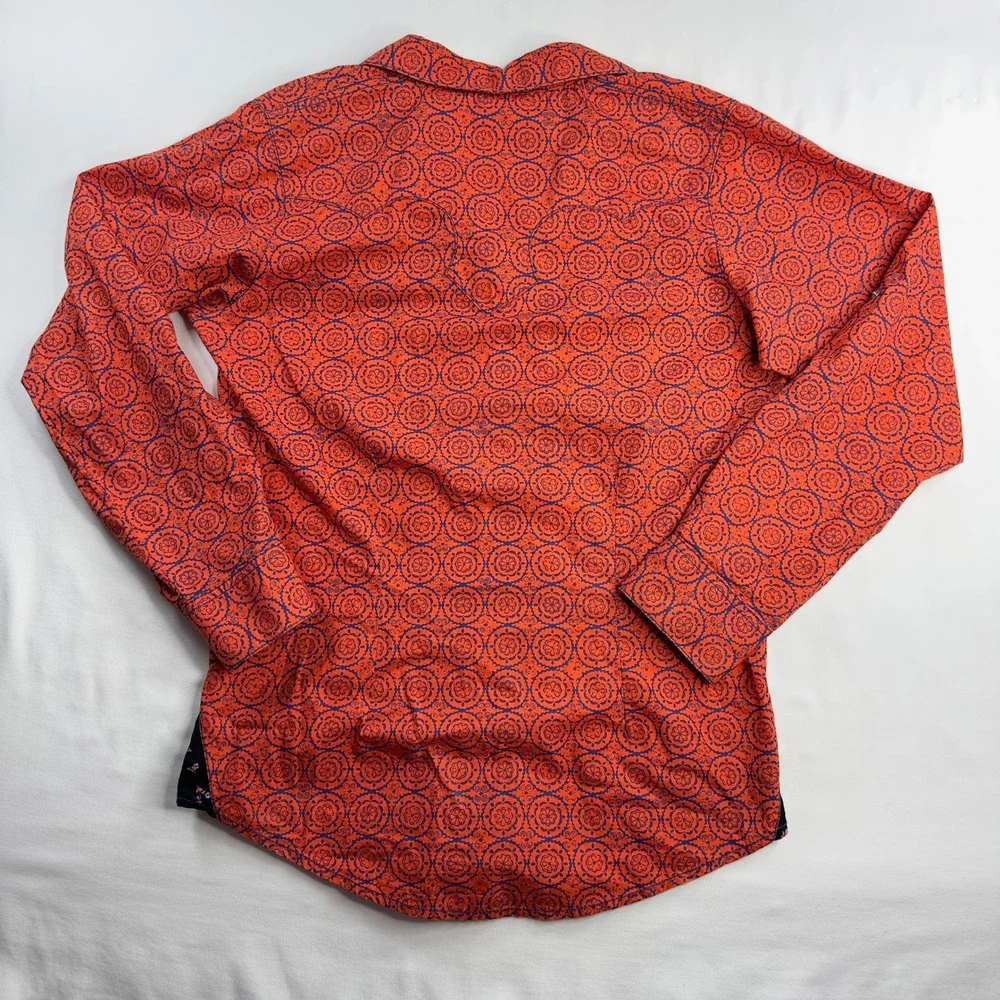 Wrangler Rock 47 Shirt Women's Large Orange Blue Pearl Snap Button Down